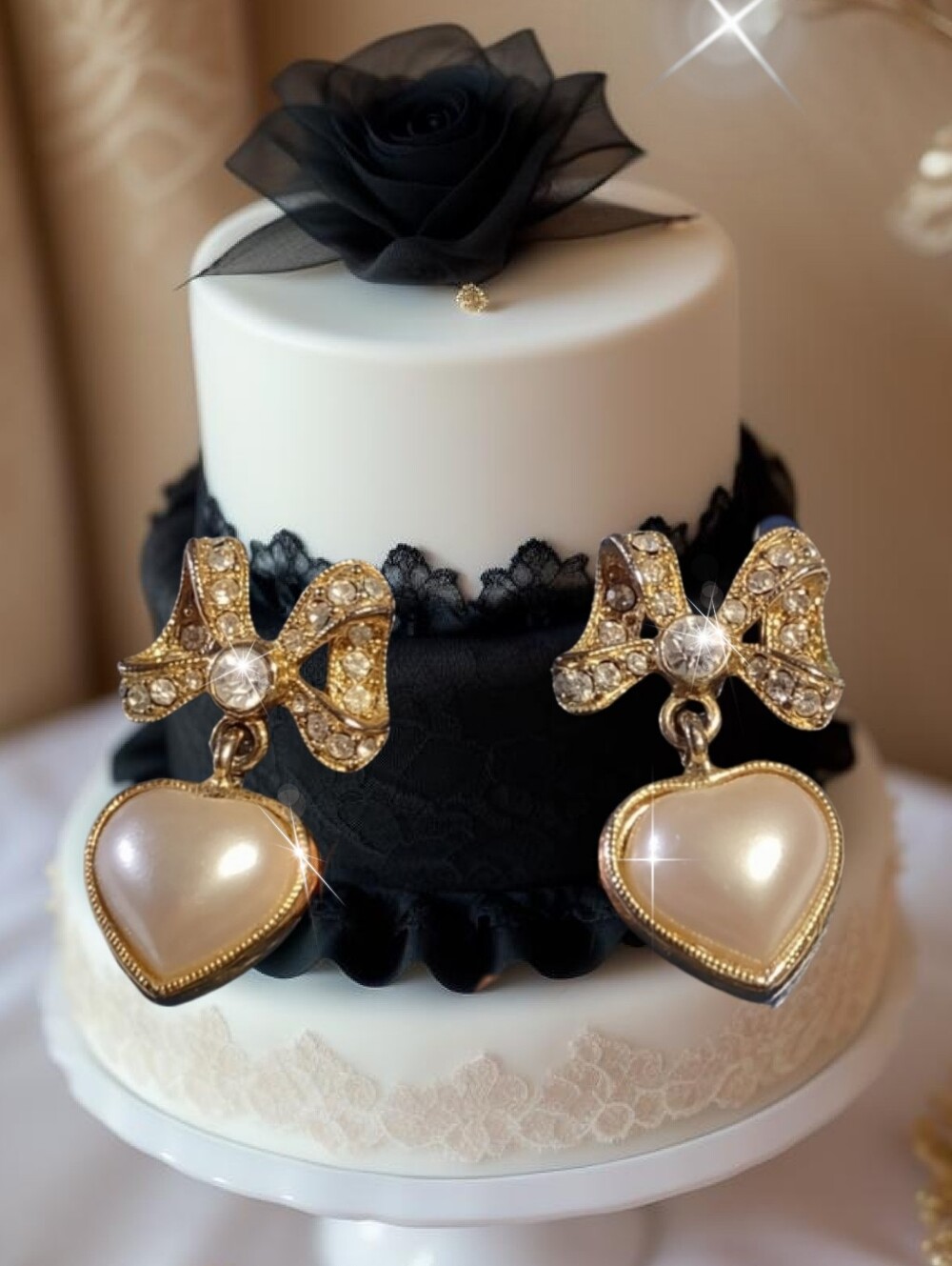 Gold Crystal Bow Pearl Hearts Pierced Earrings